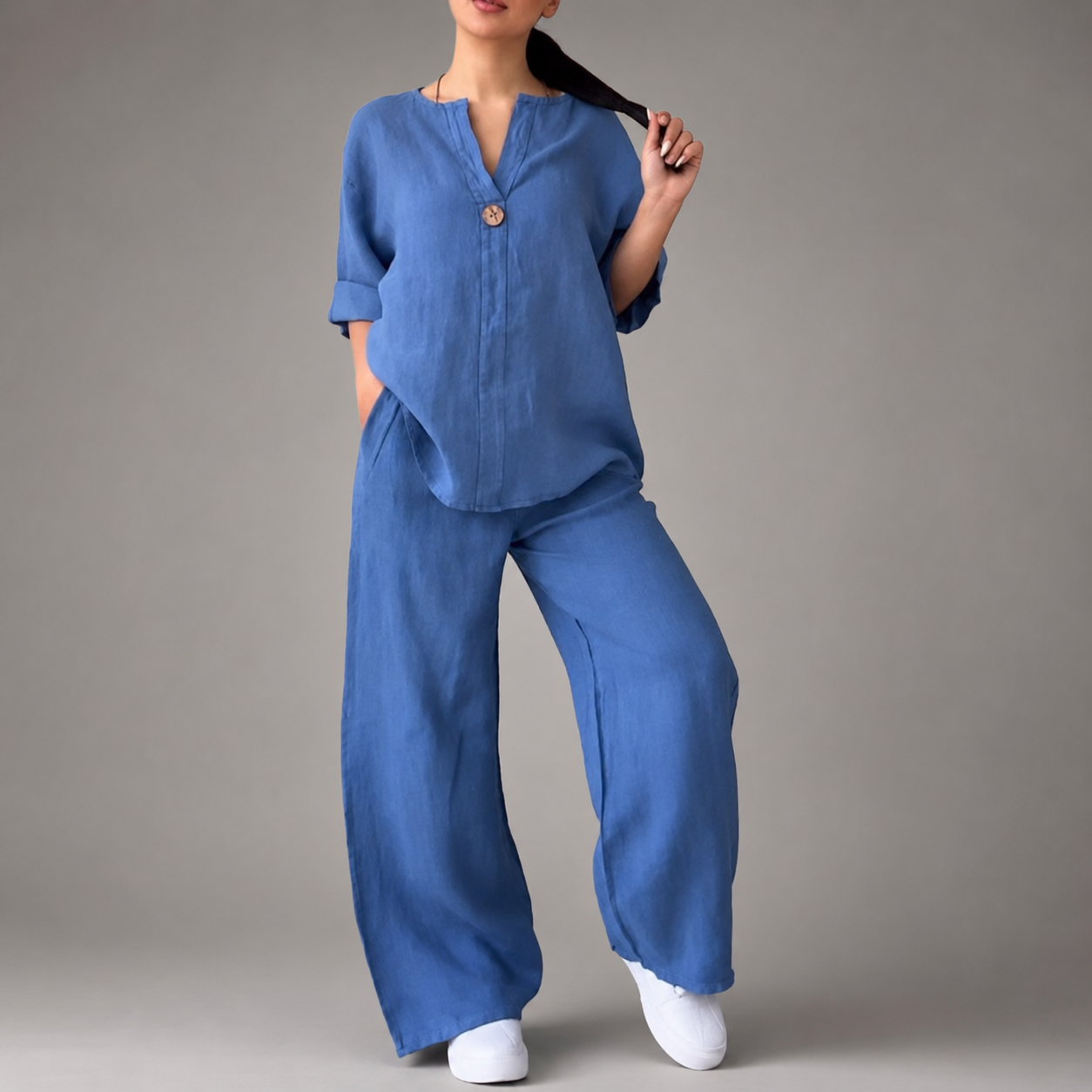Women's Linen Summer Outfit – Soft Fabric with Stylish Button Accents