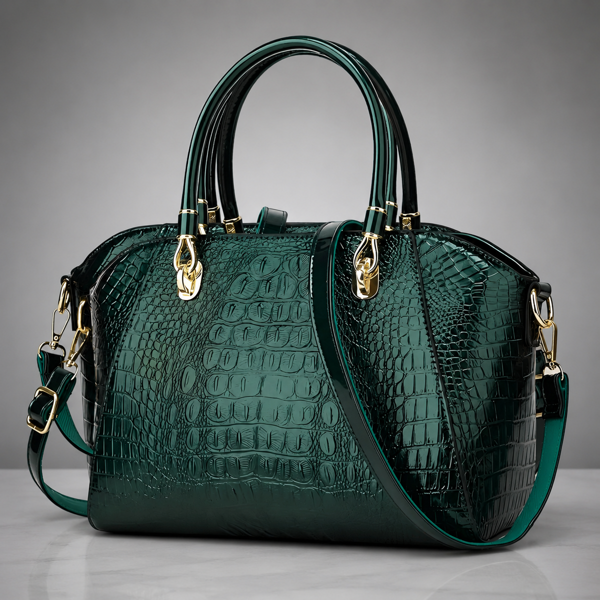 Women's Crocodile Embossed Leather Shoulder Bag – Zipper Closure, Standard Size