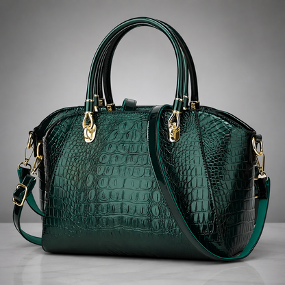 Women's Crocodile Embossed Leather Shoulder Bag – Zipper Closure, Standard Size
