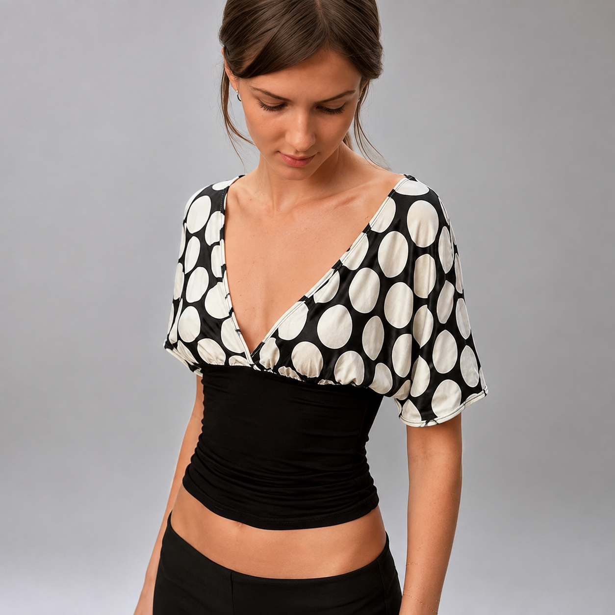 Women's Slim Fit Cropped Blouse – Polka Dot Patchwork with V Neck