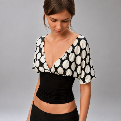 Women's Slim Fit Cropped Blouse – Polka Dot Patchwork with V Neck