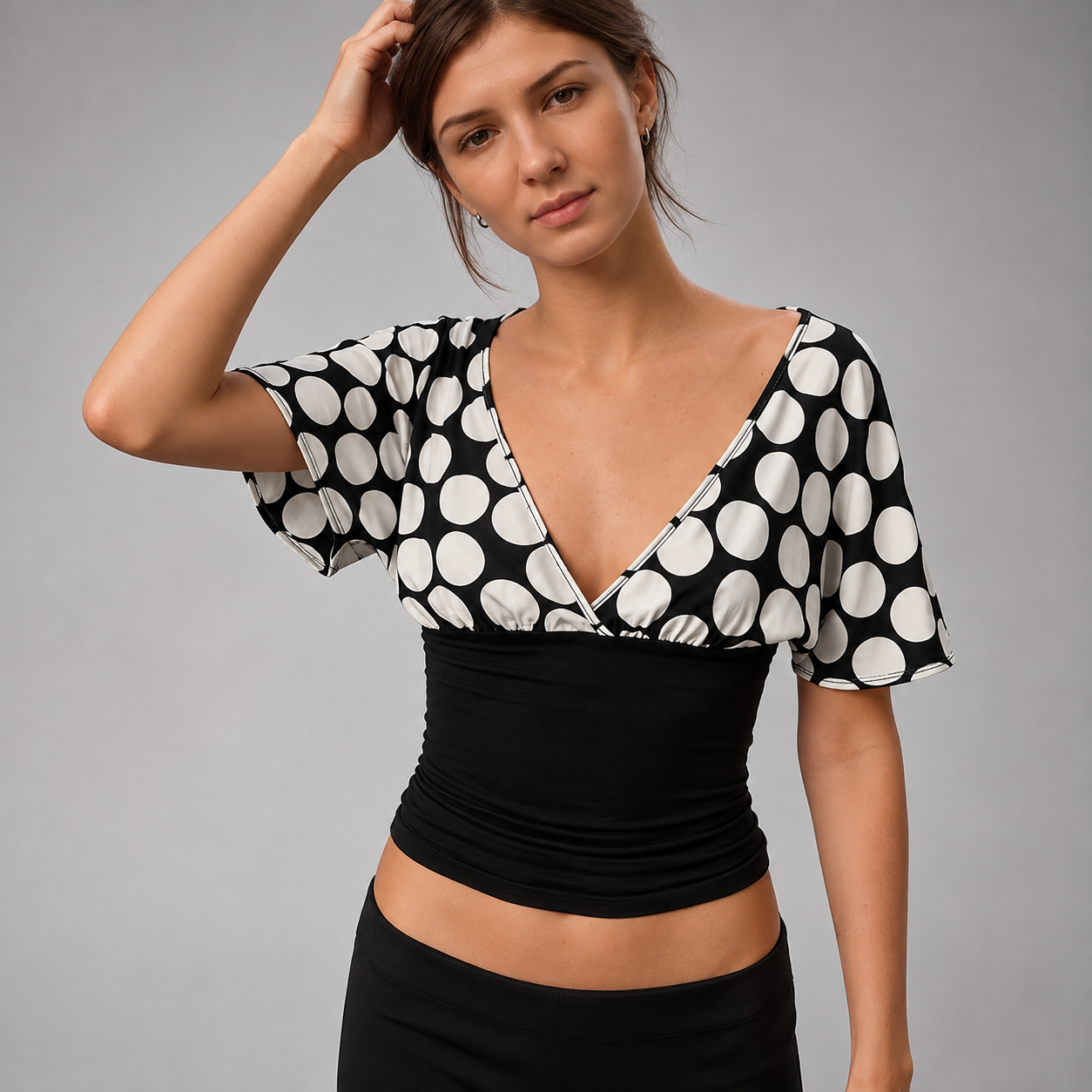 Women's Slim Fit Cropped Blouse – Polka Dot Patchwork with V Neck