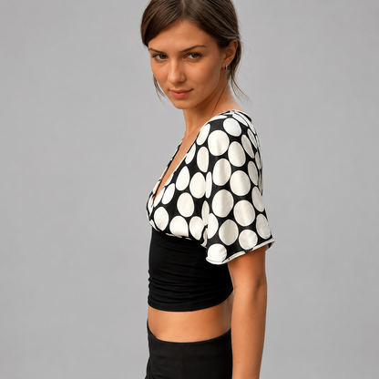 Women's Slim Fit Cropped Blouse – Polka Dot Patchwork with V Neck