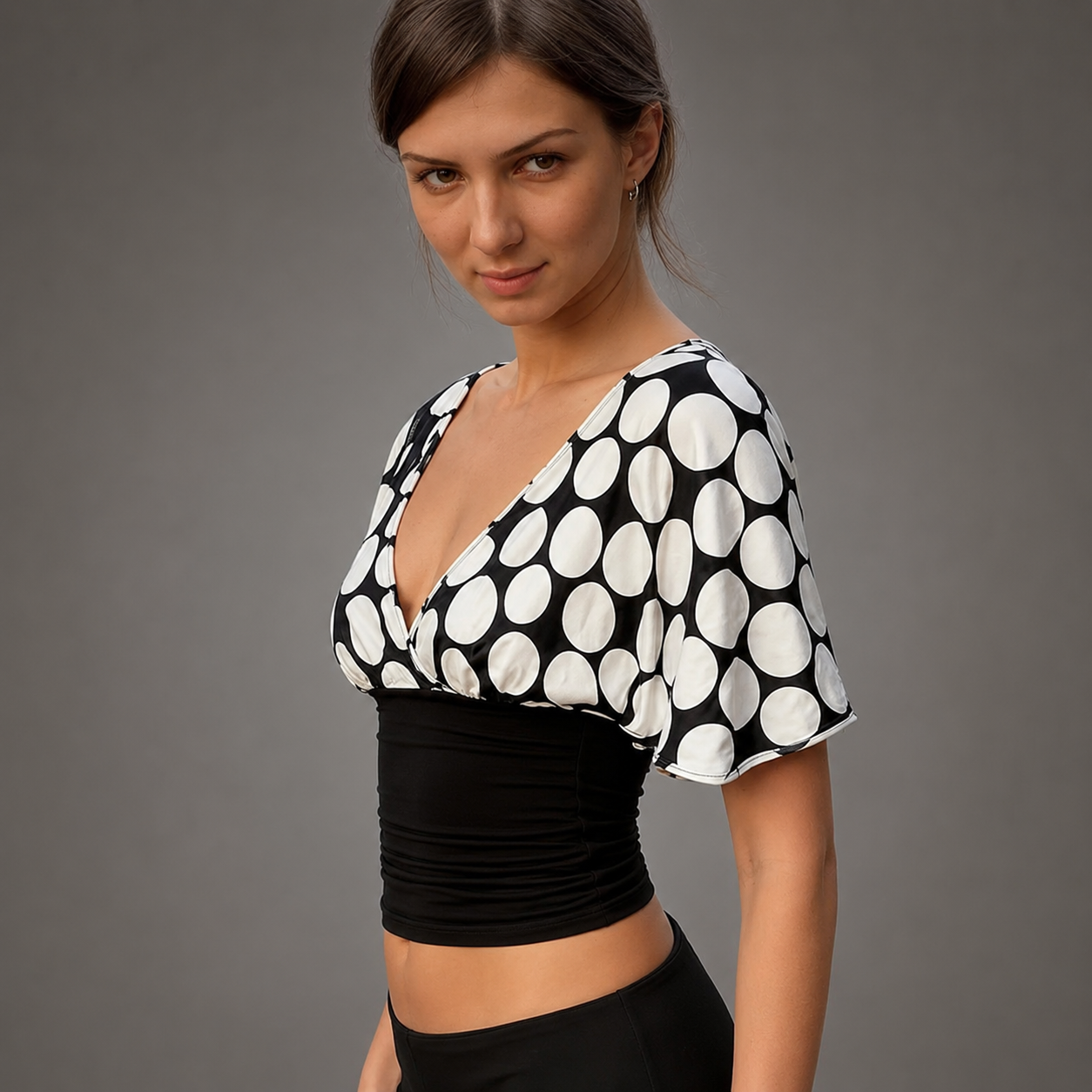 Women's Slim Fit Cropped Blouse – Polka Dot Patchwork with V Neck