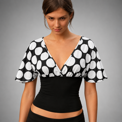 Women's Slim Fit Cropped Blouse – Polka Dot Patchwork with V Neck