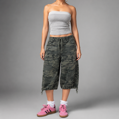 Women's Loose Fit Denim Cargo Shorts – Vintage Camouflage with Drawstring Closure