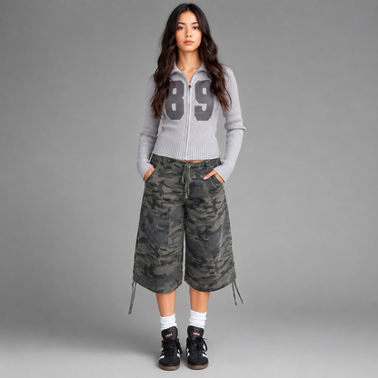 Women's Loose Fit Denim Cargo Shorts – Vintage Camouflage with Drawstring Closure