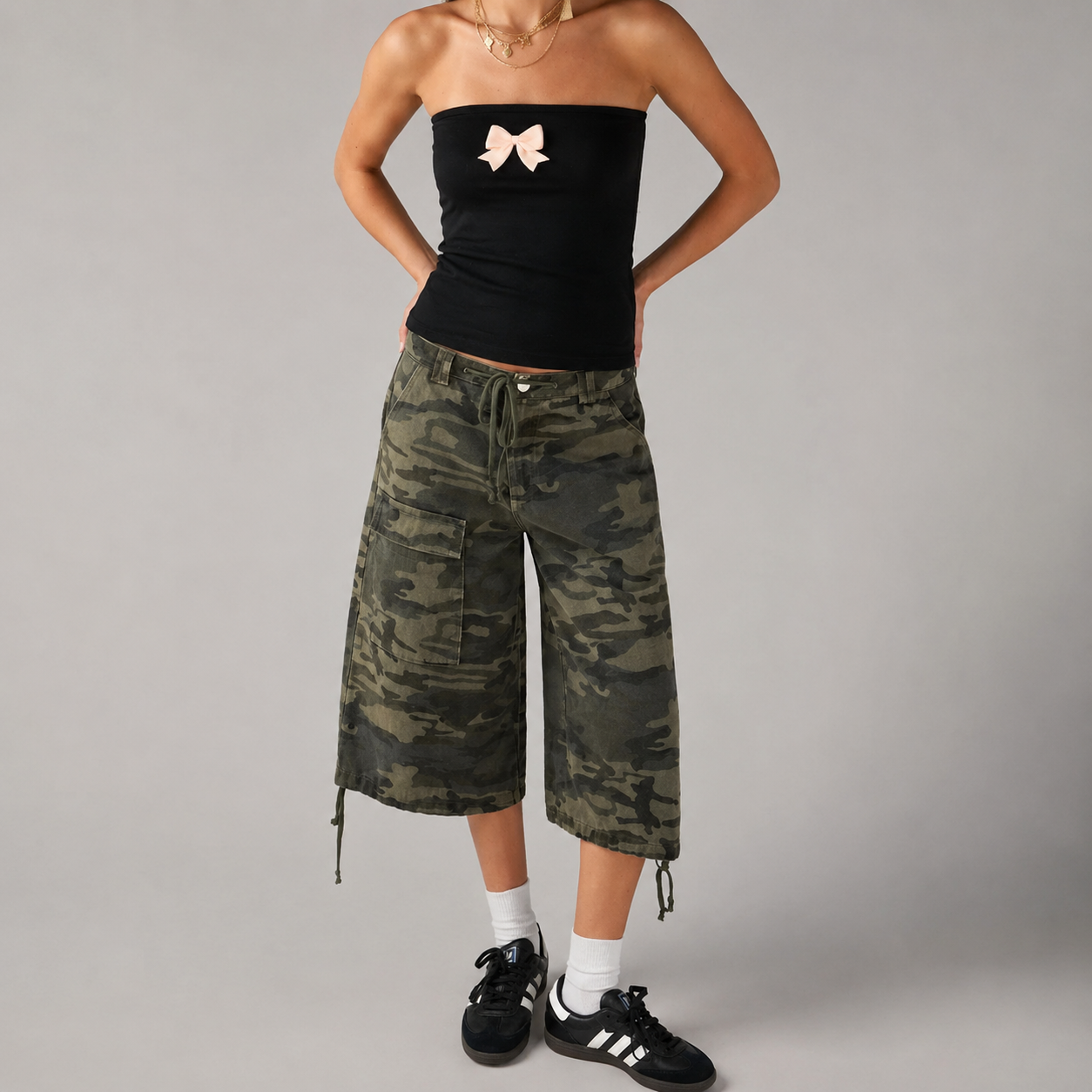 Women's Loose Fit Denim Cargo Shorts – Vintage Camouflage with Drawstring Closure