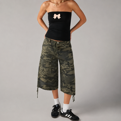 Women's Loose Fit Denim Cargo Shorts – Vintage Camouflage with Drawstring Closure