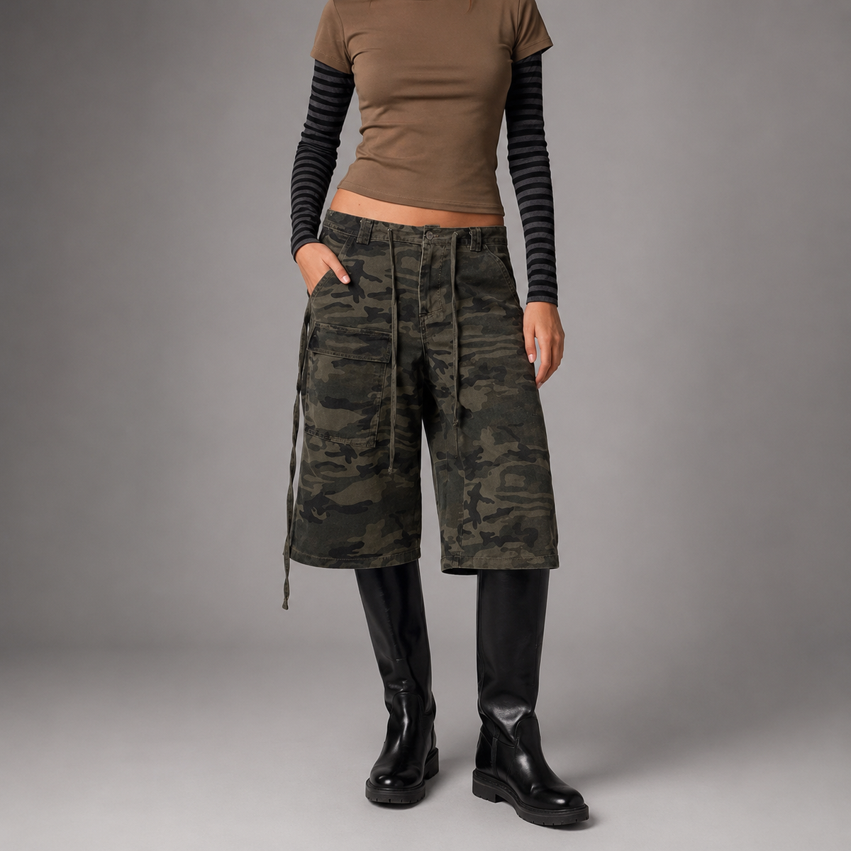 Women's Loose Fit Denim Cargo Shorts – Vintage Camouflage with Drawstring Closure
