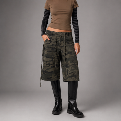 Women's Loose Fit Denim Cargo Shorts – Vintage Camouflage with Drawstring Closure