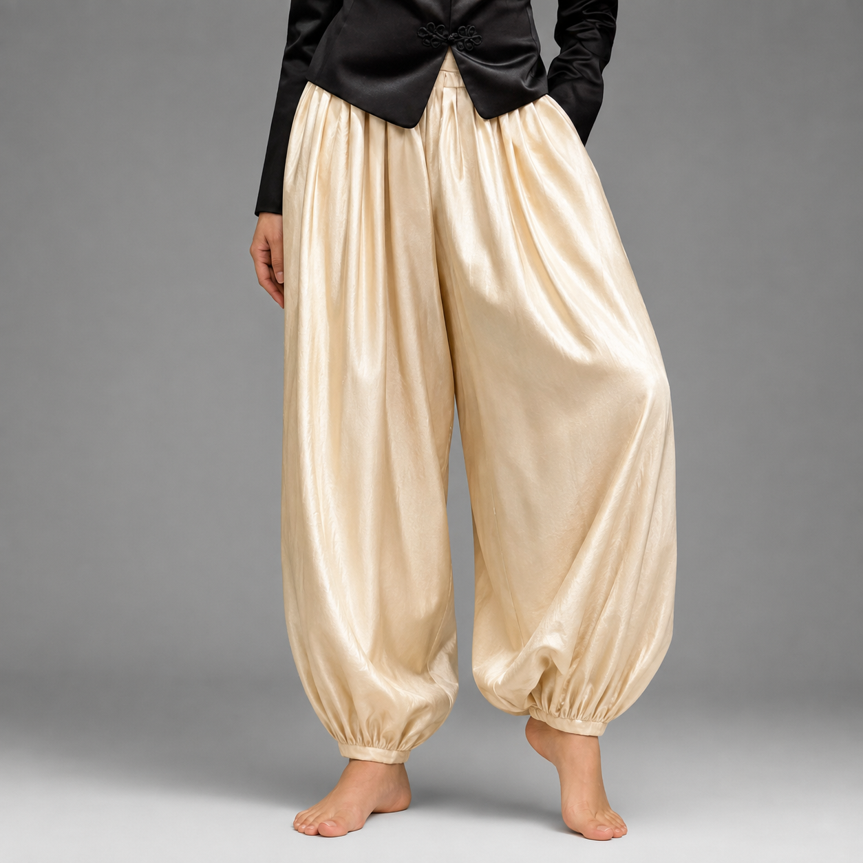 Women's Satin High-Waisted Lantern Pants – Ruched Baggy Trousers with Elastic Cuffs