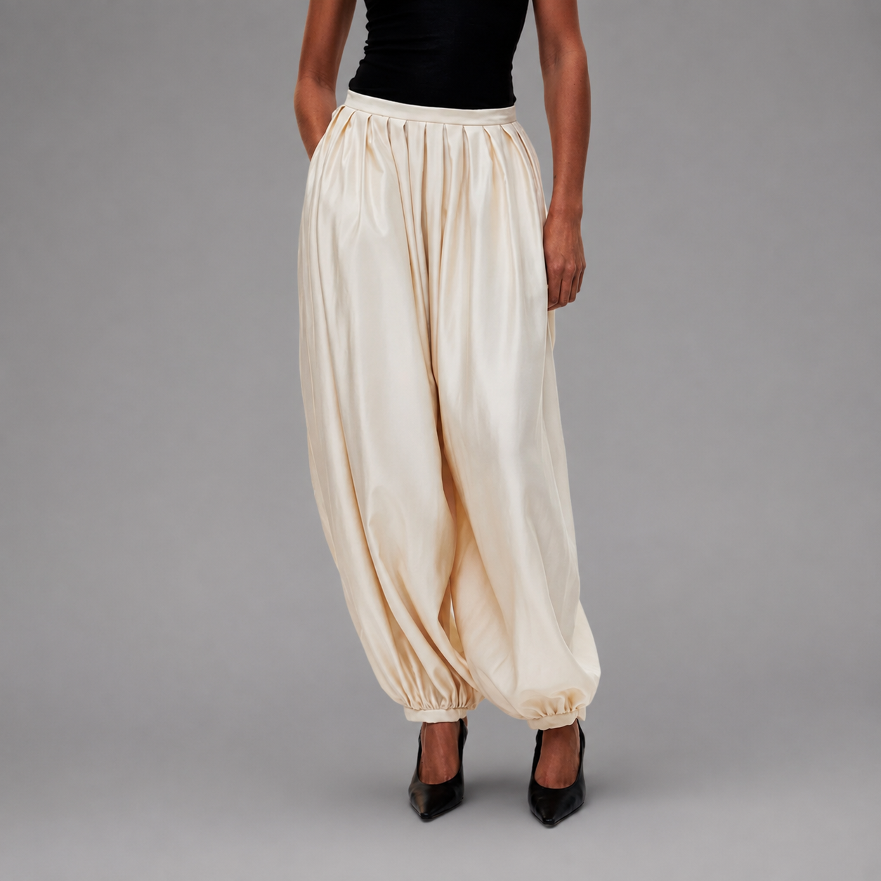 Women's Satin High-Waisted Lantern Pants – Ruched Baggy Trousers with Elastic Cuffs