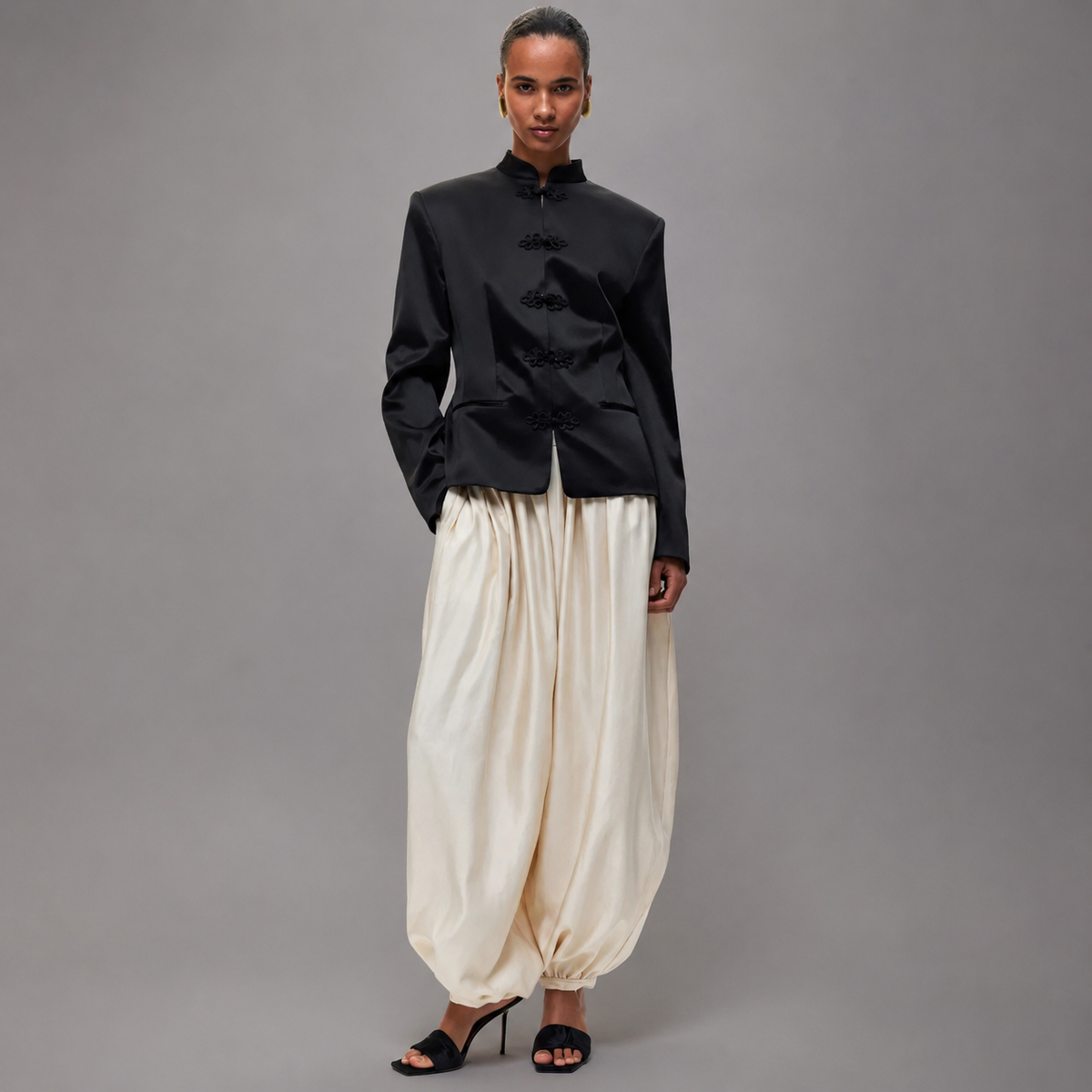Women's Satin High-Waisted Lantern Pants – Ruched Baggy Trousers with Elastic Cuffs