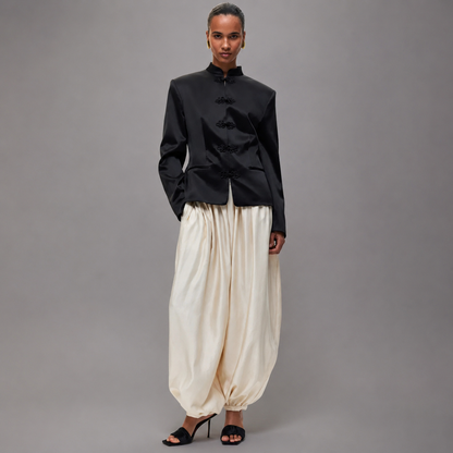 Women's Satin High-Waisted Lantern Pants – Ruched Baggy Trousers with Elastic Cuffs