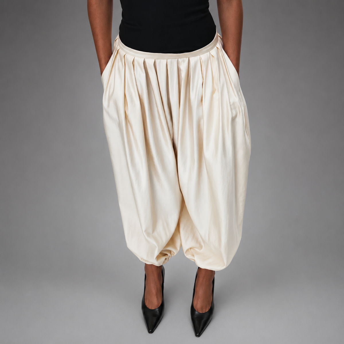Women's Satin High-Waisted Lantern Pants – Ruched Baggy Trousers with Elastic Cuffs