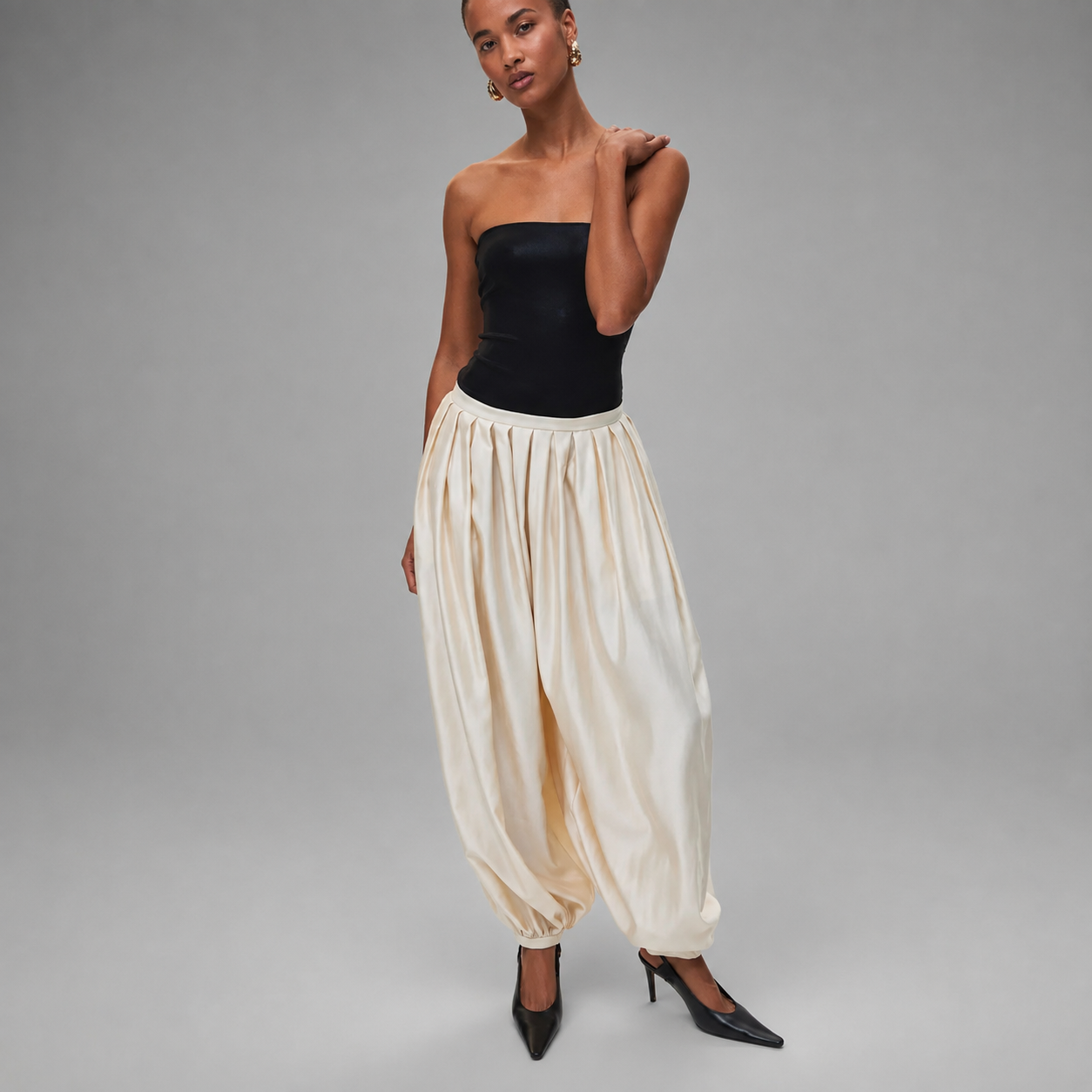 Women's Satin High-Waisted Lantern Pants – Ruched Baggy Trousers with Elastic Cuffs