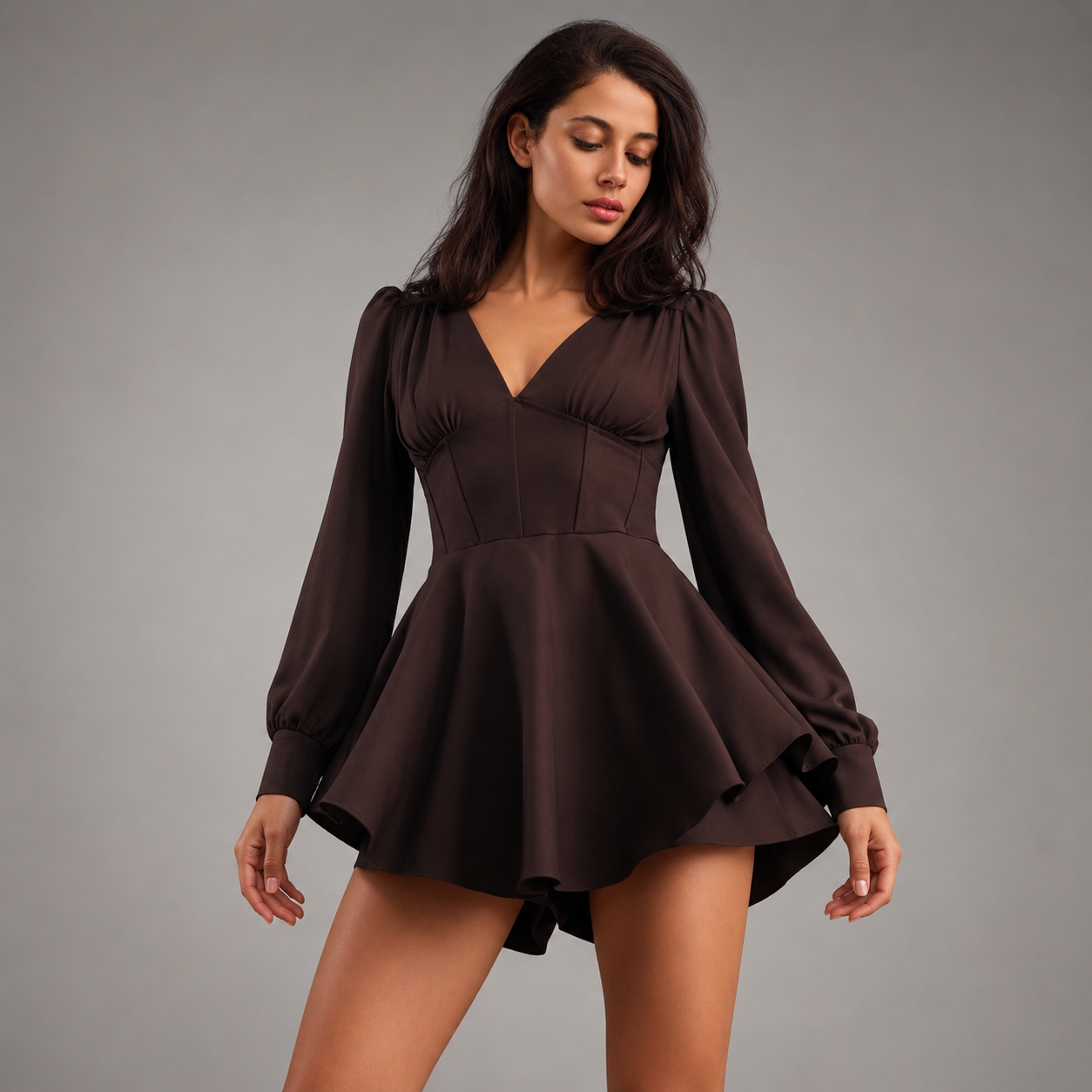 Women's Chocolate Brown Deep V Romper – Long Puff Sleeves with Corset Waist