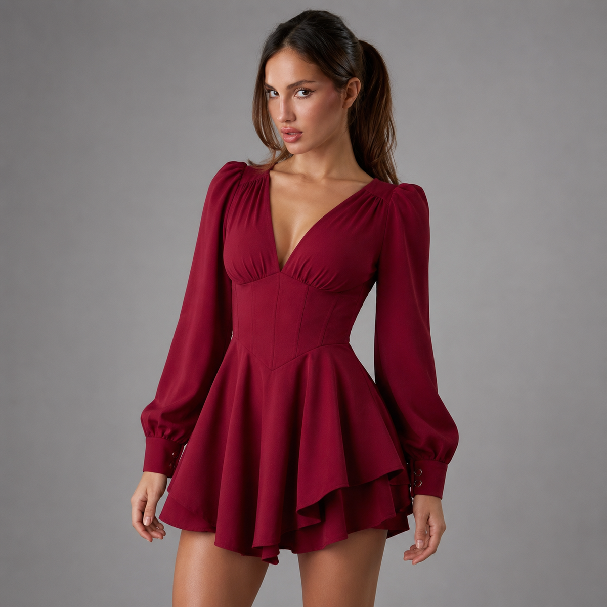 Women's Chocolate Brown Deep V Romper – Long Puff Sleeves with Corset Waist