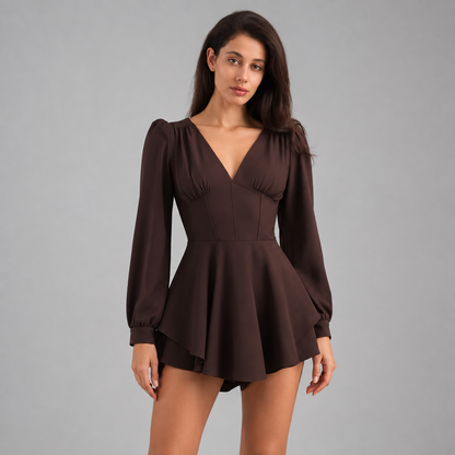Women's Chocolate Brown Deep V Romper – Long Puff Sleeves with Corset Waist
