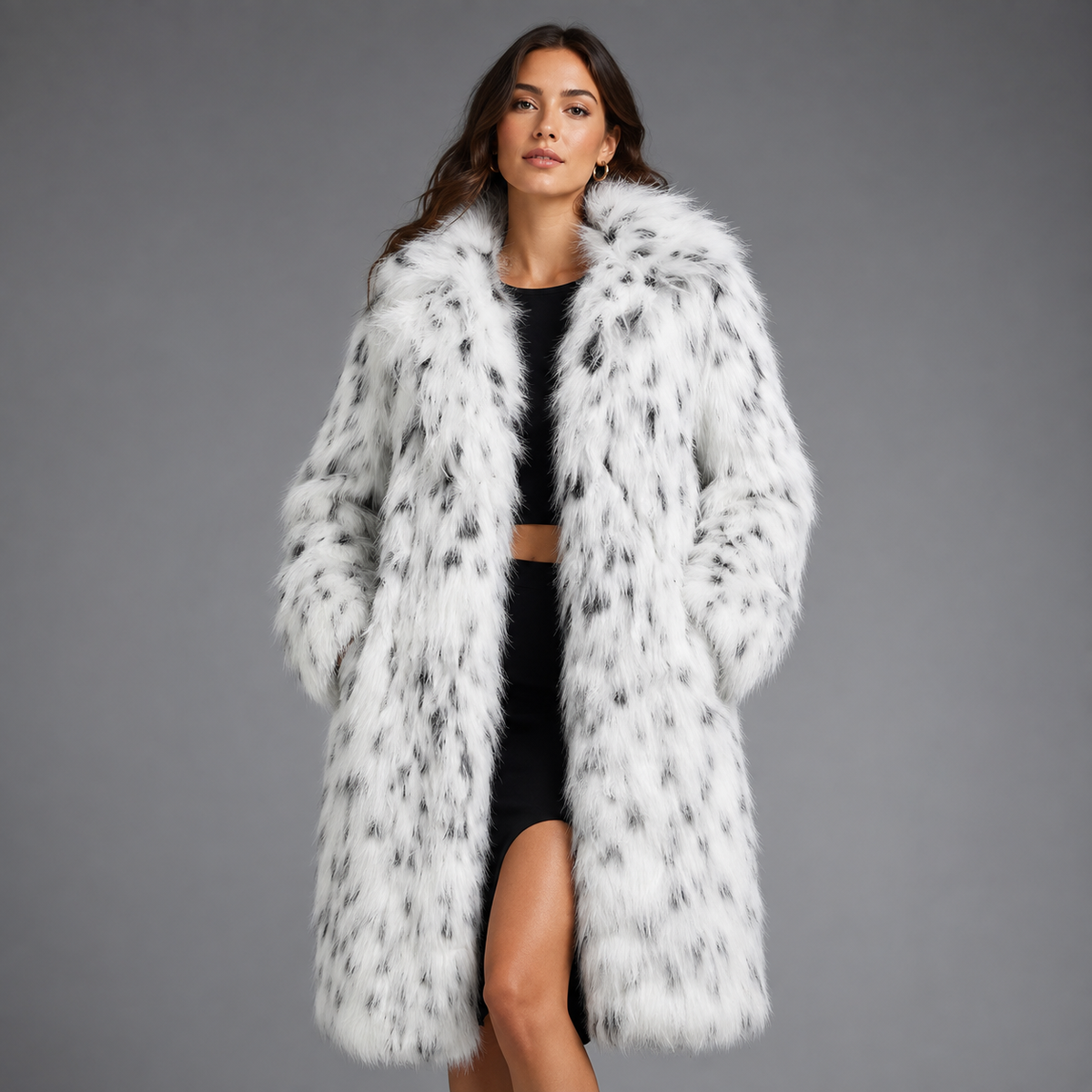 Women's Medium Long Faux Fur Coat – Spotted Design with Long Sleeves