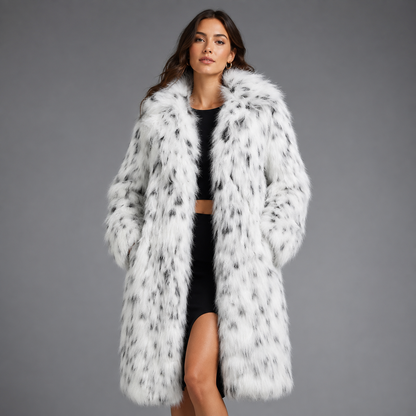Women's Medium Long Faux Fur Coat – Spotted Design with Long Sleeves