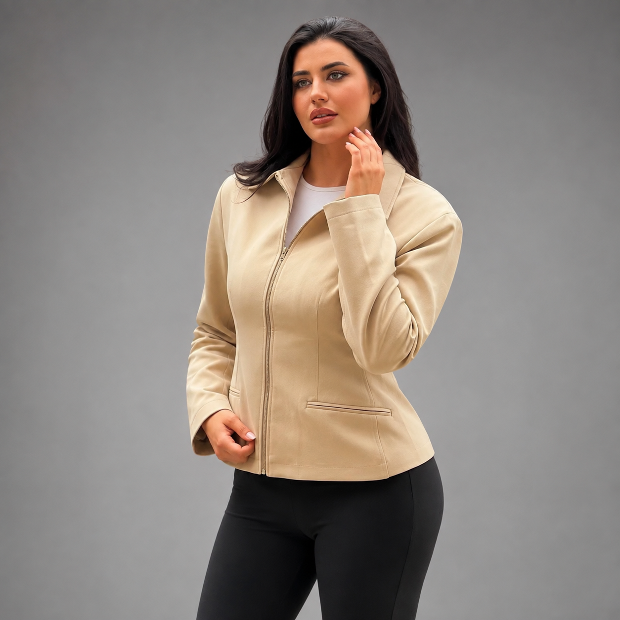 Women's Beige Blend Zip Up Peplum Jacket – Long Sleeve Slim Fit