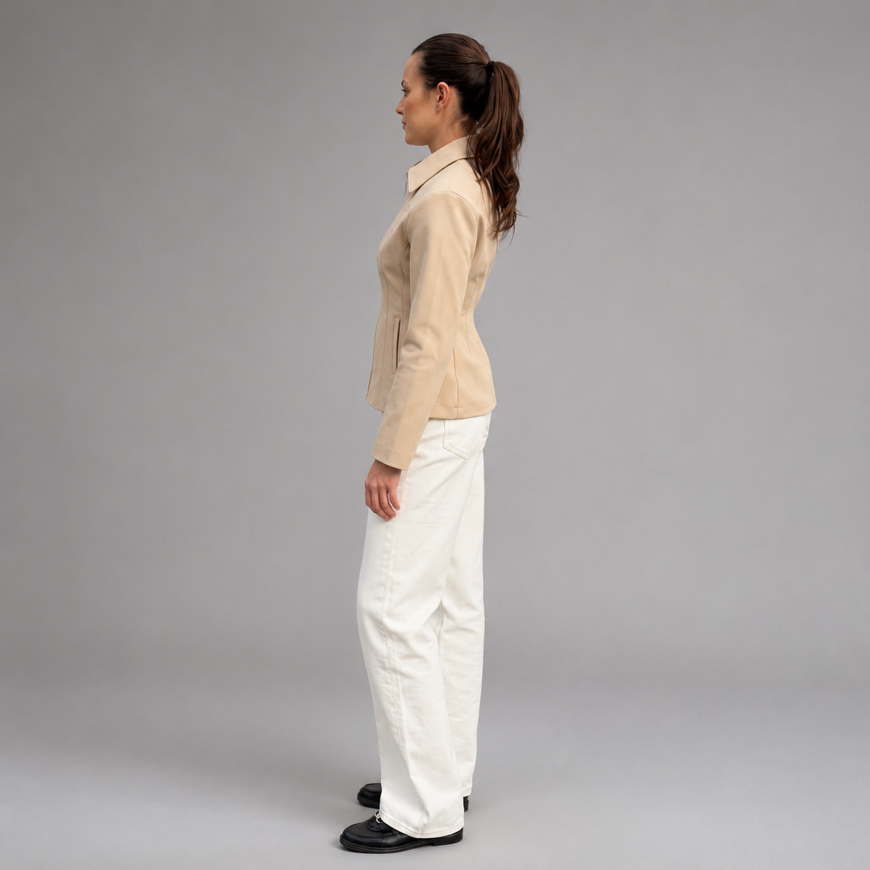 Women's Beige Blend Zip Up Peplum Jacket – Long Sleeve Slim Fit