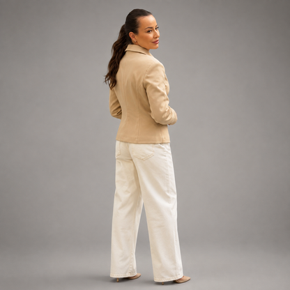 Women's Beige Blend Zip Up Peplum Jacket – Long Sleeve Slim Fit