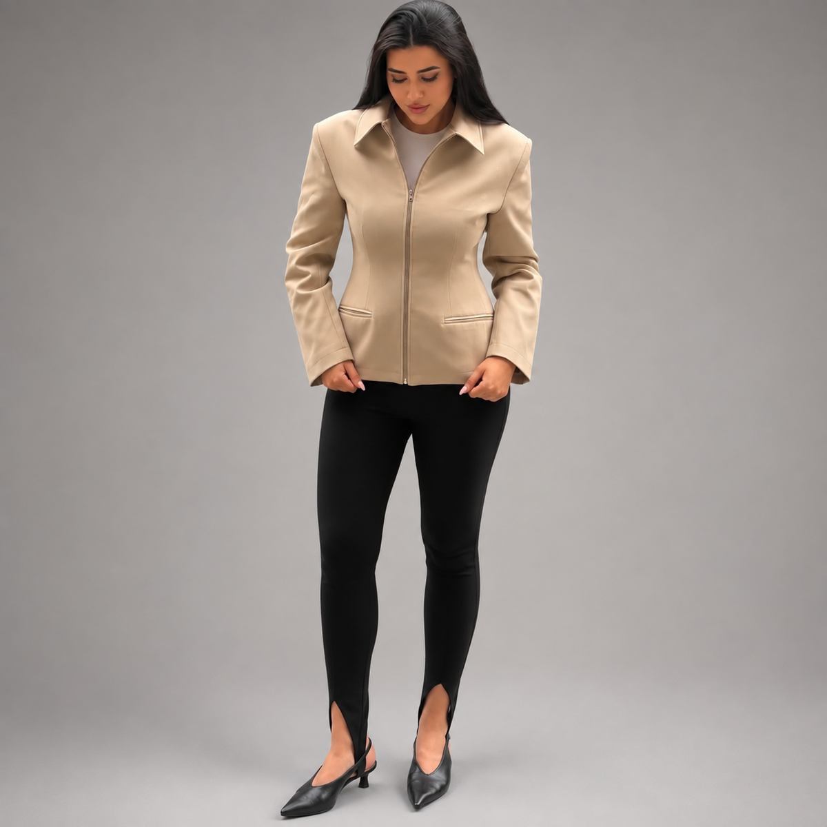 Women's Beige Blend Zip Up Peplum Jacket – Long Sleeve Slim Fit