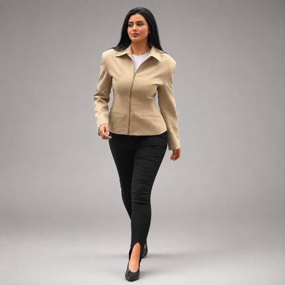Women's Beige Blend Zip Up Peplum Jacket – Long Sleeve Slim Fit