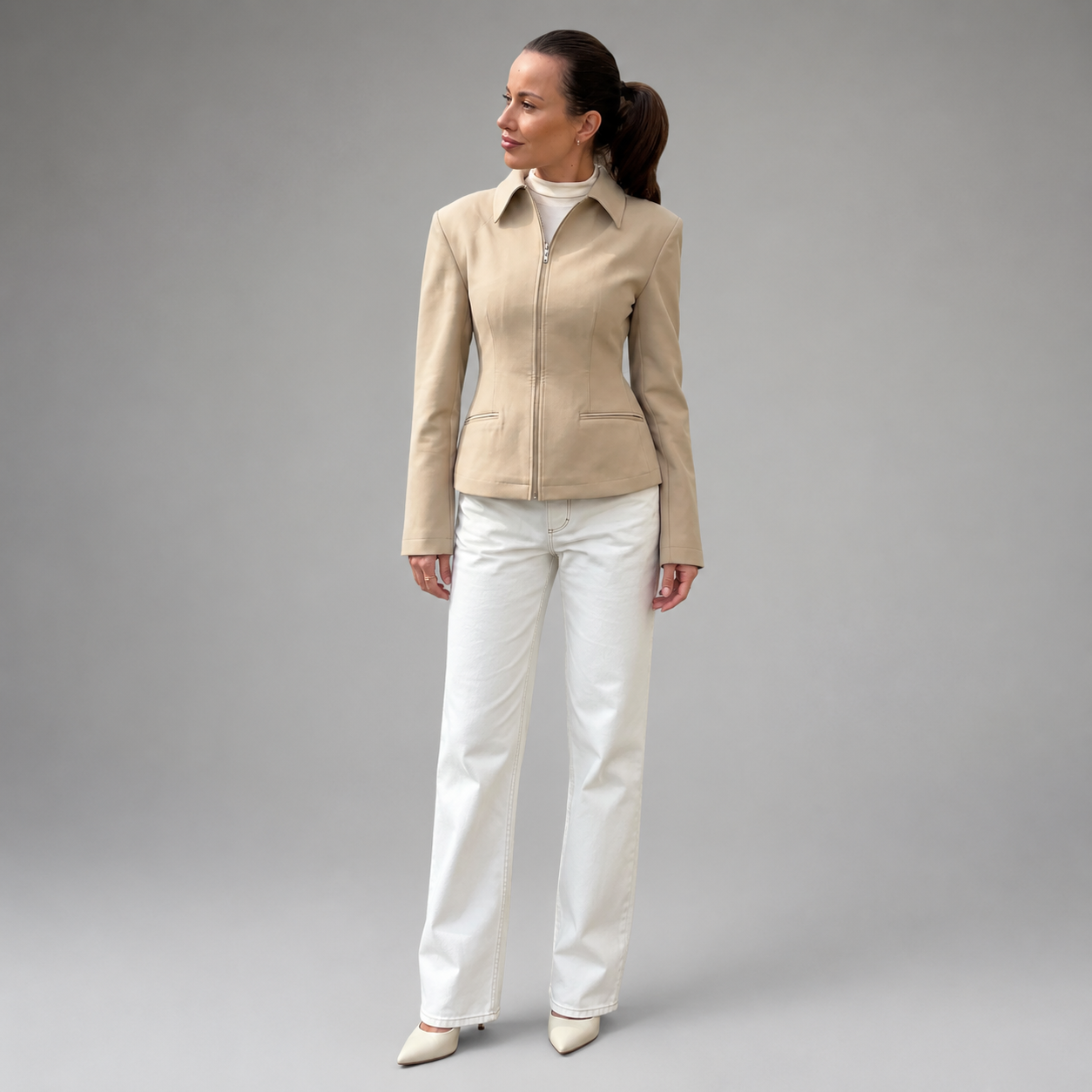 Women's Beige Blend Zip Up Peplum Jacket – Long Sleeve Slim Fit