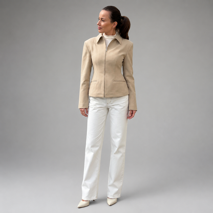 Women's Beige Blend Zip Up Peplum Jacket – Long Sleeve Slim Fit