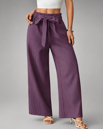 Women's High-Waisted Wide Leg Pants – Textured Crinkle Fabric with Tie-Waist