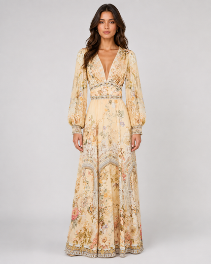 Women's Printed V-Collar Long-Sleeved Summer Top – Waist-Tied Design with Bubble Sleeves