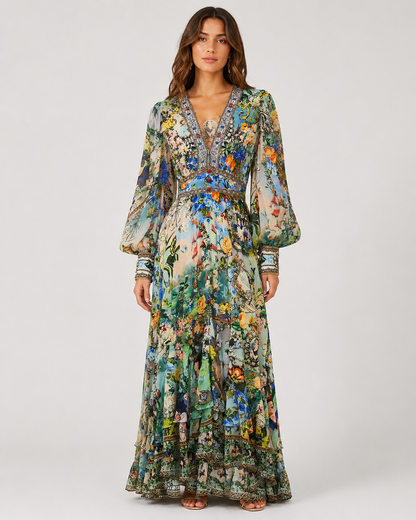 Women's Printed V-Collar Long-Sleeved Summer Top – Waist-Tied Design with Bubble Sleeves