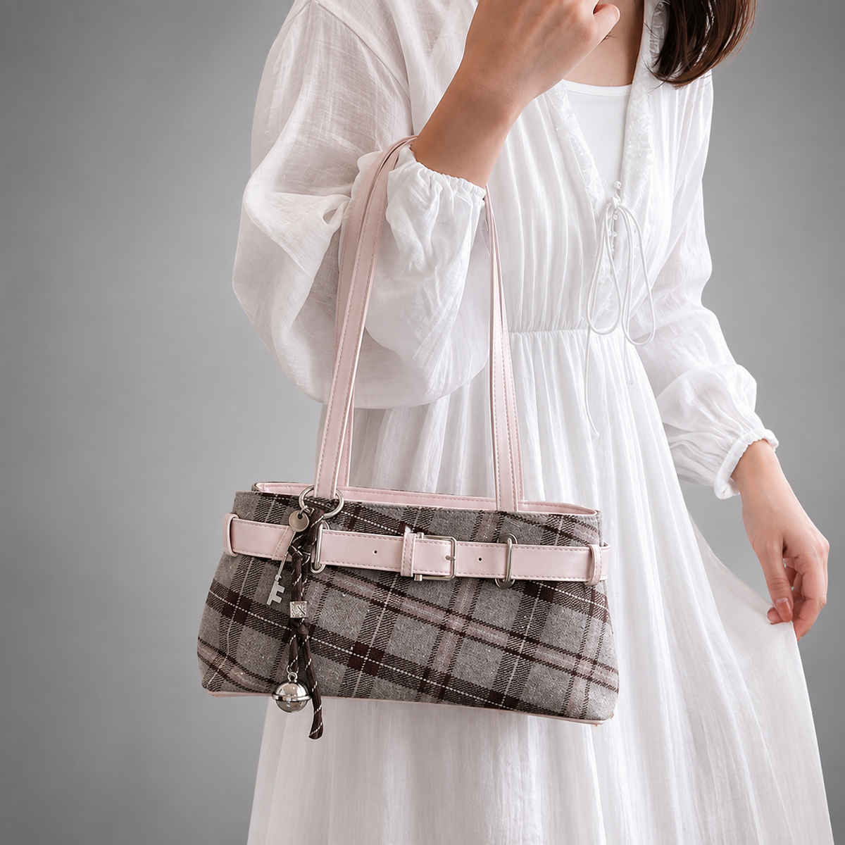 Women's Large Capacity Checked Shoulder Bag – Soft PU Leather with Zipper Closure