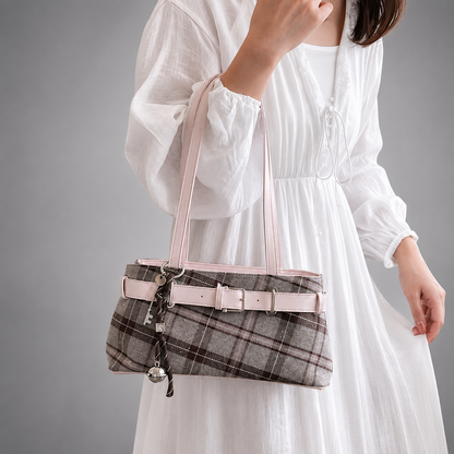 Women's Large Capacity Checked Shoulder Bag – Soft PU Leather with Zipper Closure
