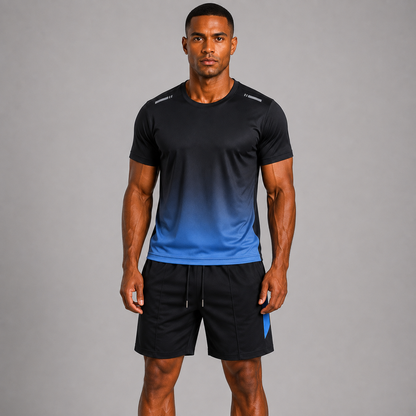 Men's Quick-Dry Sports Set – Short Sleeve T-Shirt with Adjustable Drawstring Waistband and Gradient Print Shorts