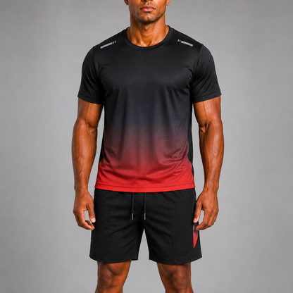 Men's Quick-Dry Sports Set – Short Sleeve T-Shirt with Adjustable Drawstring Waistband and Gradient Print Shorts