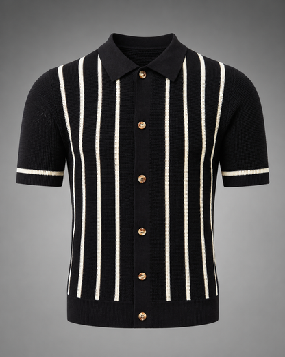 Men's Striped Knit Polo Shirt – Lapel Collar with Button Placket, Regular Fit