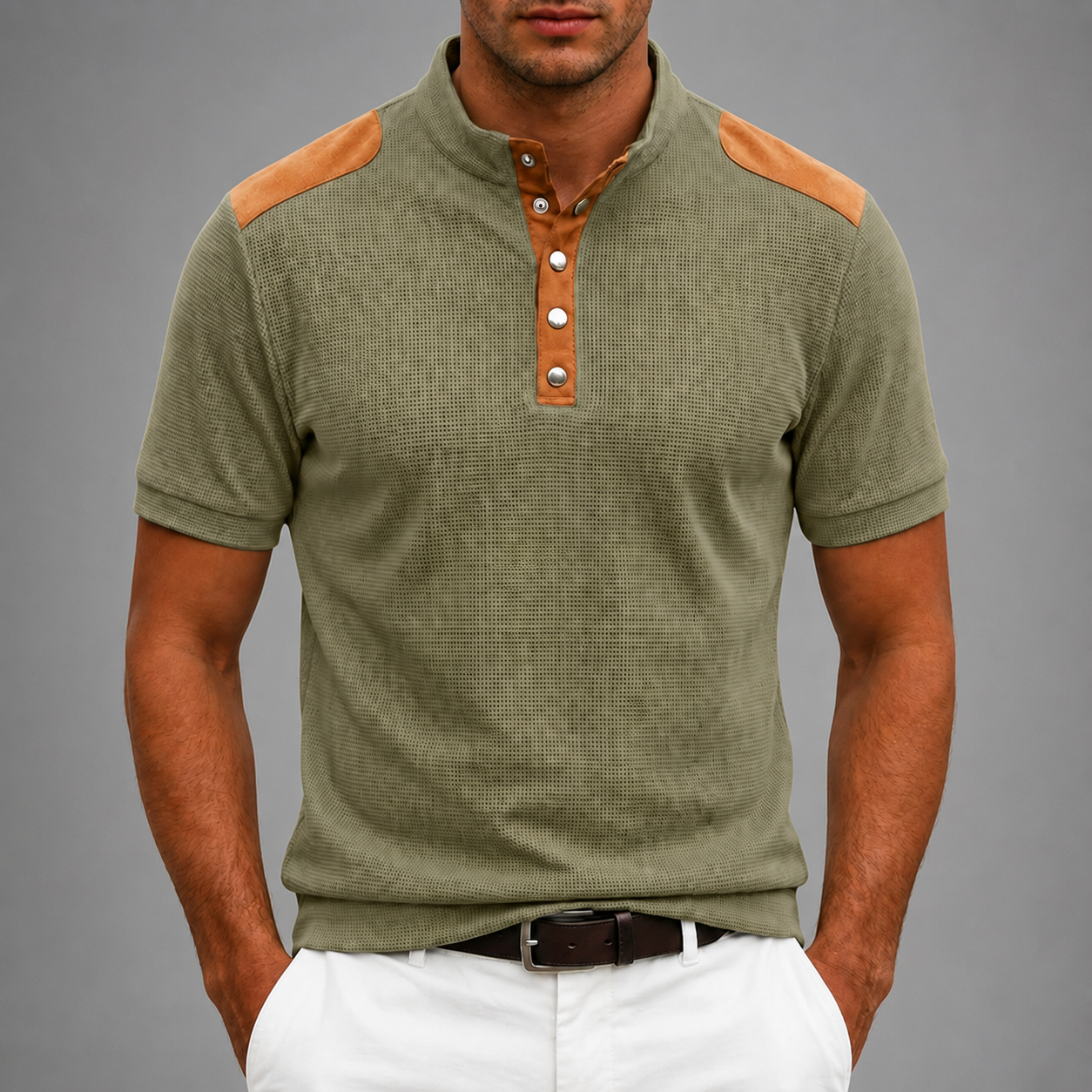 Men's Textured Polyester Henley Shirt – Contrast Shoulder Panels – Regular Fit