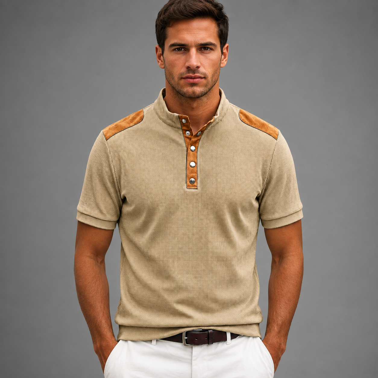 Men's Textured Polyester Henley Shirt – Contrast Shoulder Panels – Regular Fit