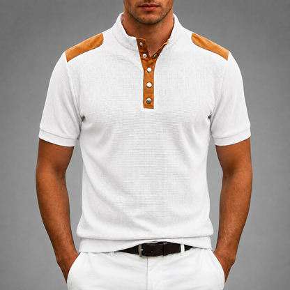 Men's Textured Polyester Henley Shirt – Contrast Shoulder Panels – Regular Fit