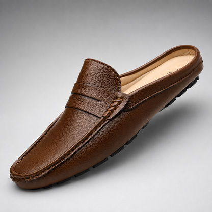 Men's Genuine Hide Backless Slip-On Loafers – Moc Toe Stitching with Flexible Non-Slip Driving Sole
