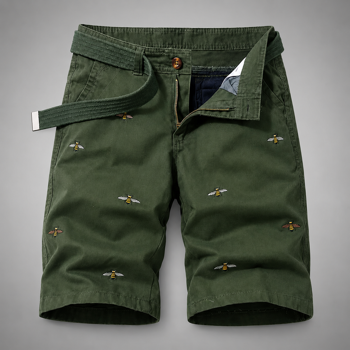 Men's Cotton Shorts – Relaxed Fit with Embroidered Bee Pattern and Woven Belt