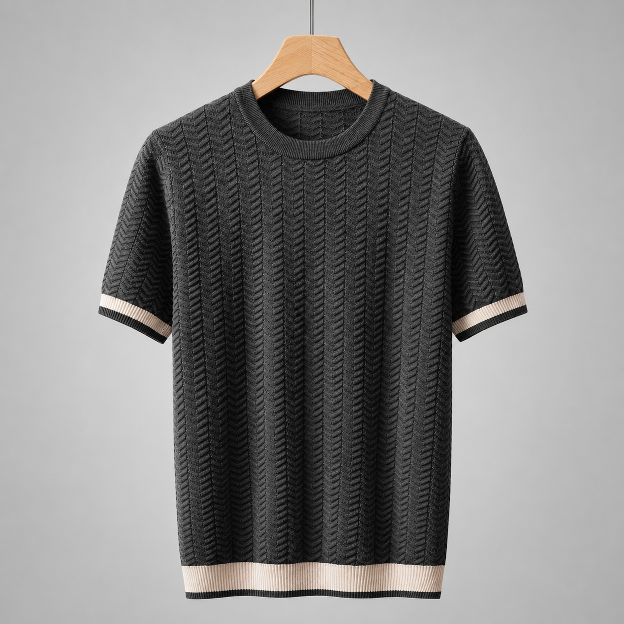 Men's Textured Knit T-Shirt – Modern Fit with Contrast Ribbed Trim