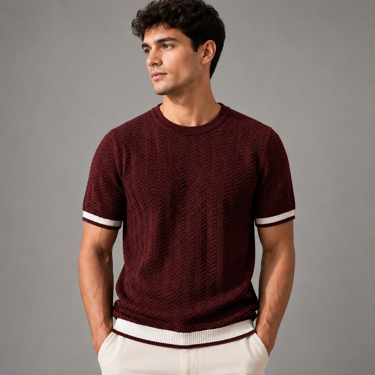 Men's Textured Knit T-Shirt – Modern Fit with Contrast Ribbed Trim
