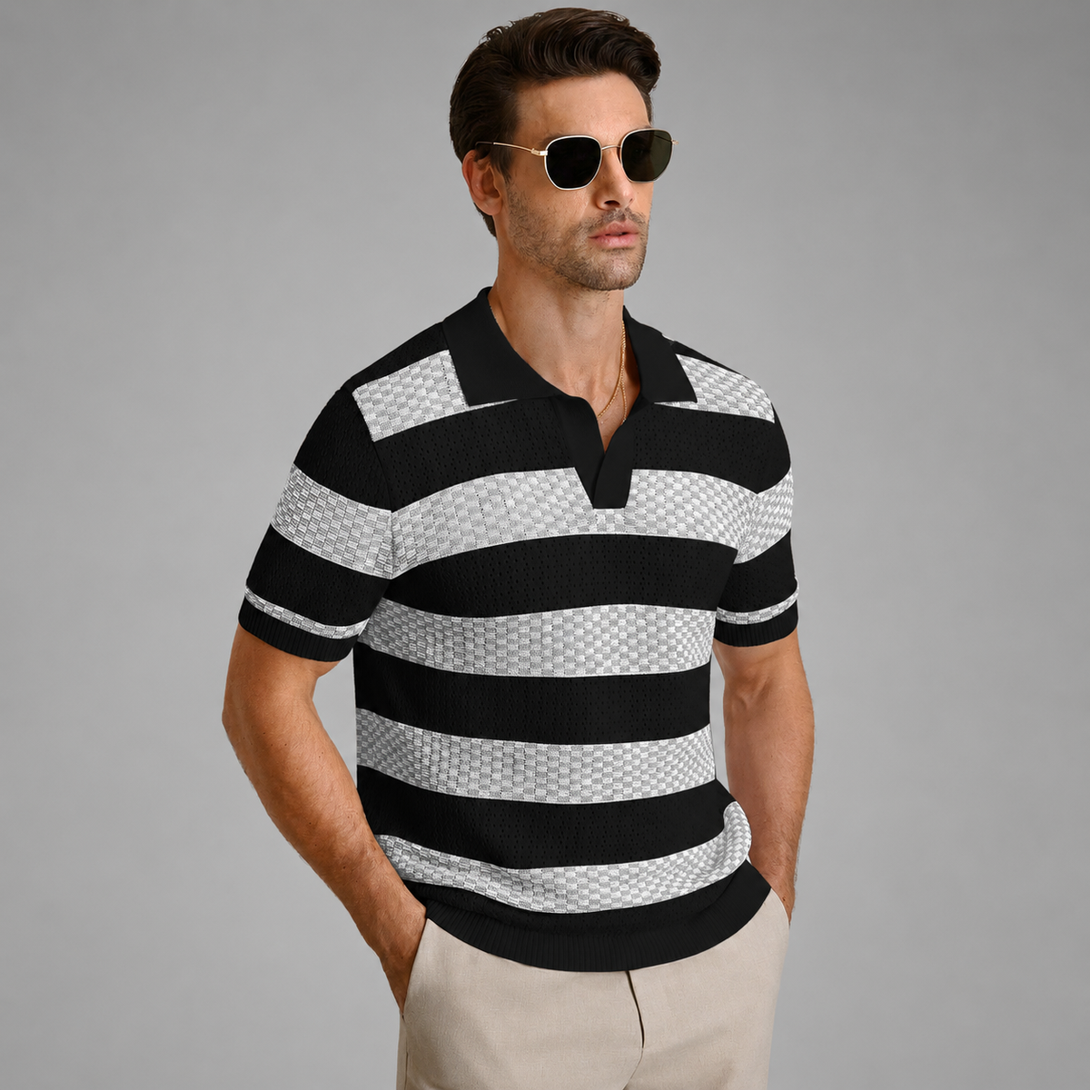 Men's Textured Knit Polo Shirt – Structured Open Collar, Relaxed Fit