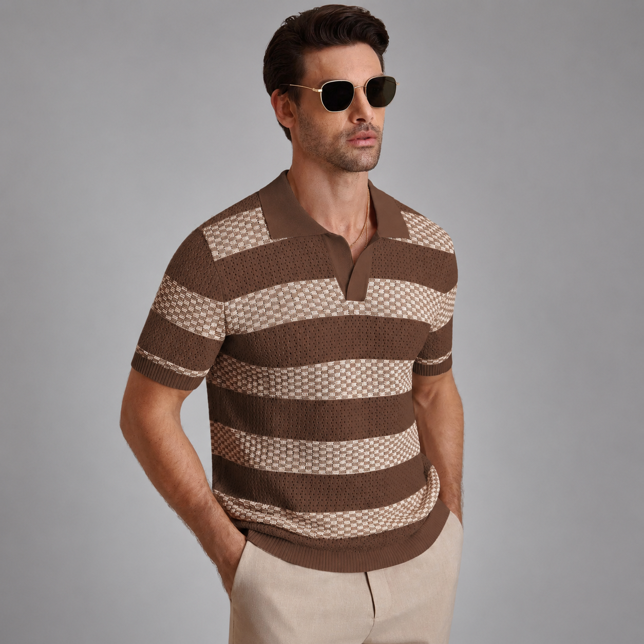 Men's Textured Knit Polo Shirt – Structured Open Collar, Relaxed Fit